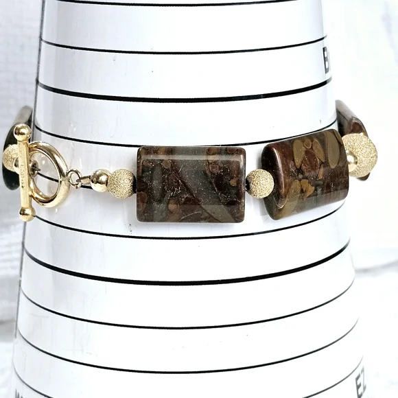 Vintage 14KGP Gold and Brown Jasper Gemstone Beaded Bracelet - Picture 10 of 15